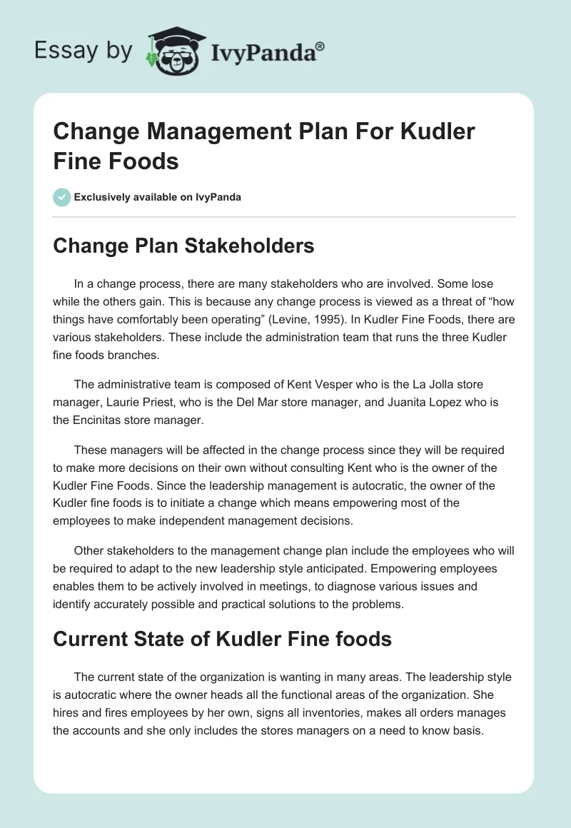 Change Management Plan For Kudler Fine Foods. Page 1