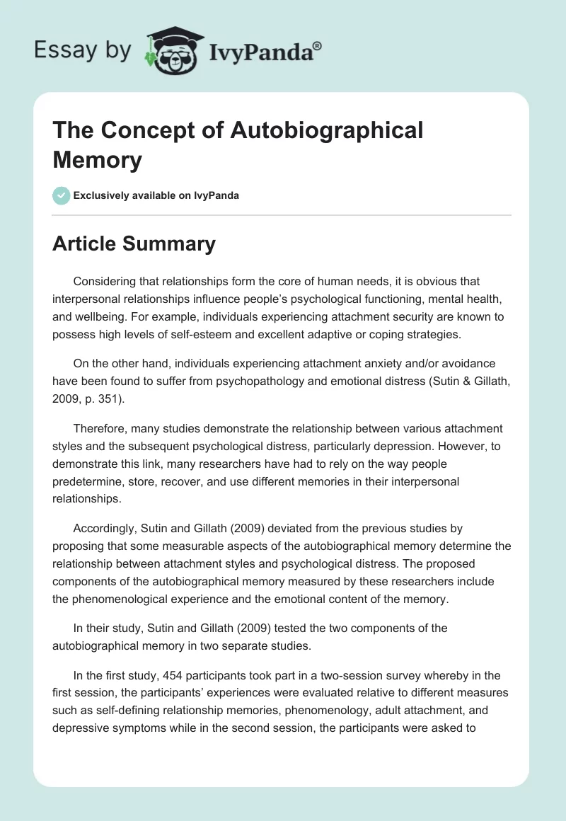 The Concept of Autobiographical Memory. Page 1