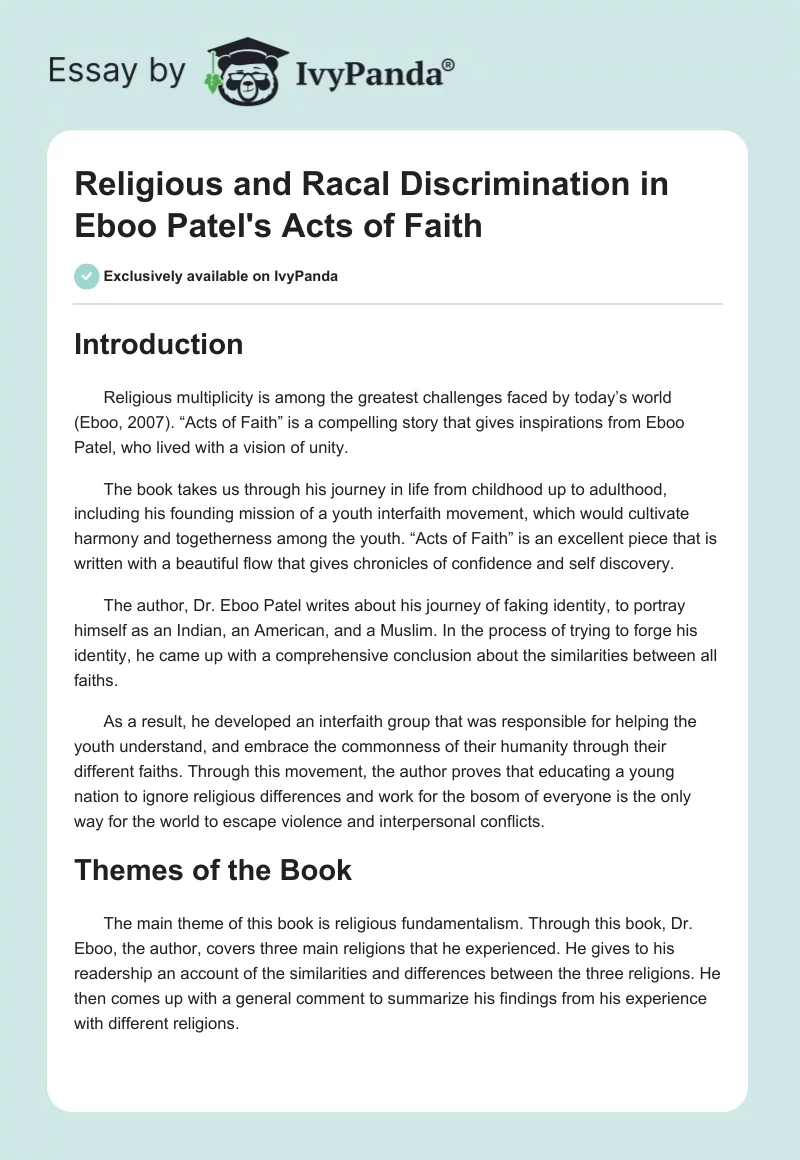 Religious and Racal Discrimination in Eboo Patel's "Acts of Faith". Page 1