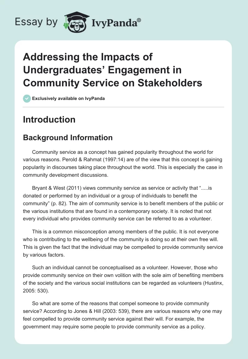 Addressing the Impacts of Undergraduates’ Engagement in Community Service on Stakeholders. Page 1