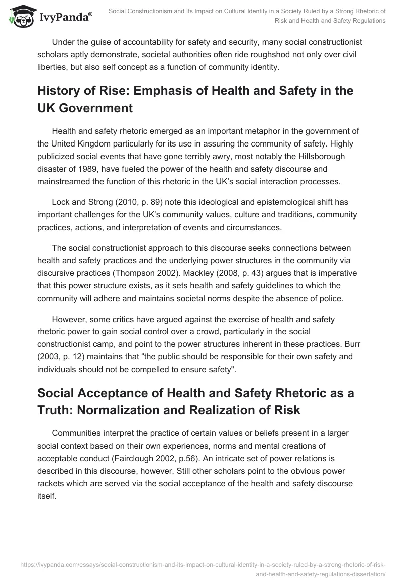 Social Constructionism and Its Impact on Cultural Identity in a Society Ruled by a Strong Rhetoric of Risk and Health and Safety Regulations. Page 5