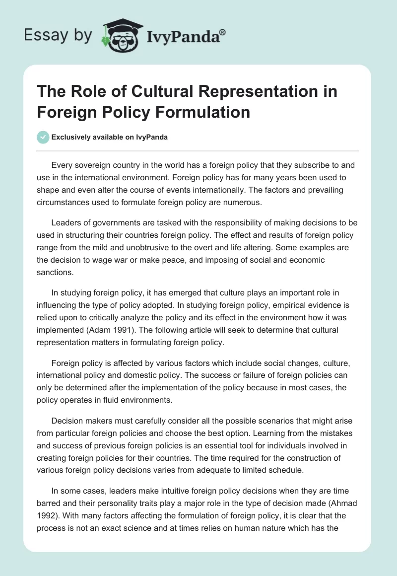 The Role of Cultural Representation in Foreign Policy Formulation. Page 1