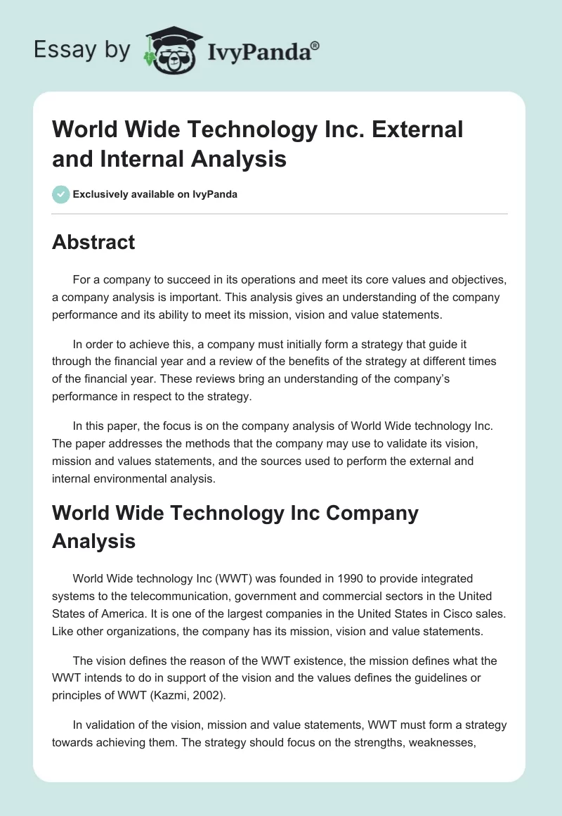 World Wide Technology Inc. External and Internal Analysis. Page 1