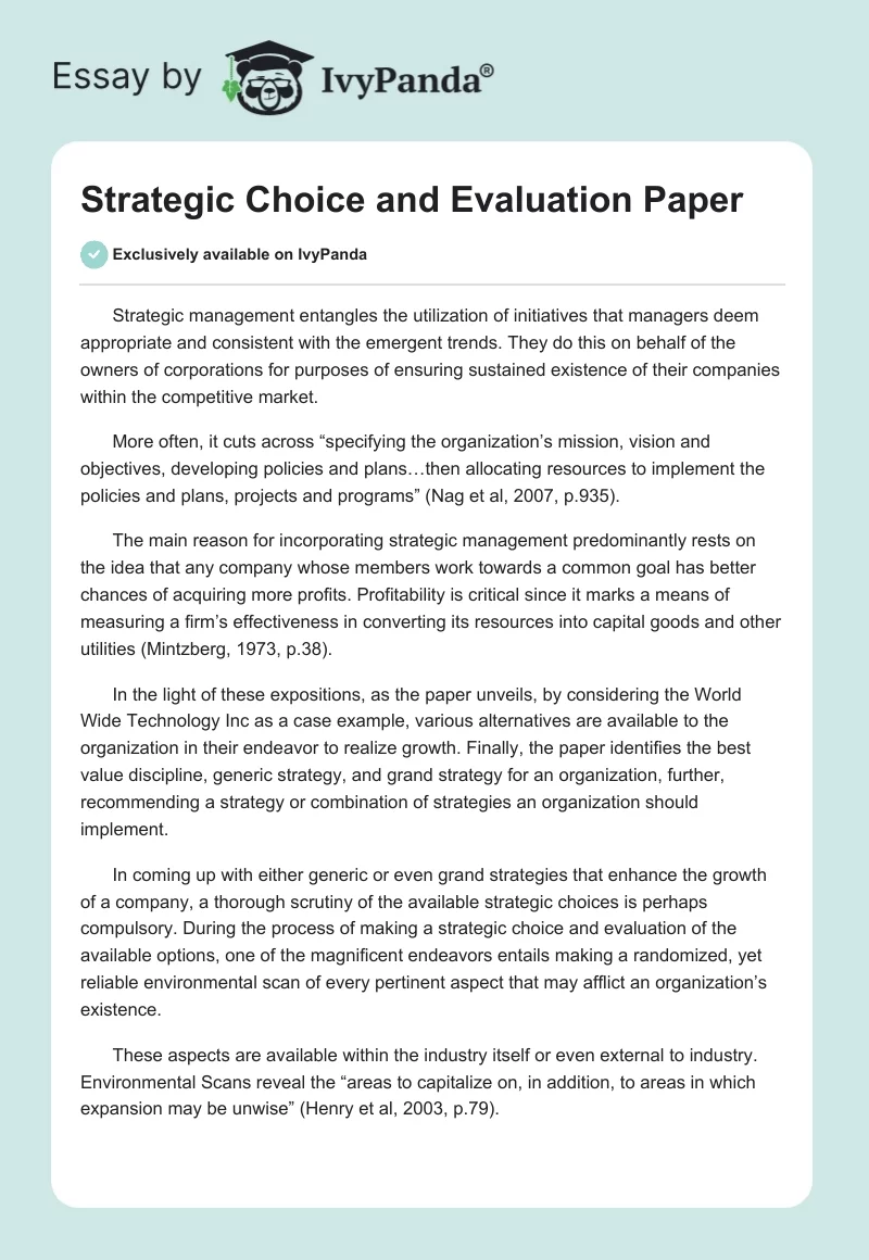 Strategic Choice and Evaluation Paper. Page 1