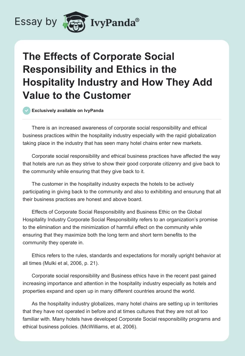 The Effects of Corporate Social Responsibility and Ethics in the Hospitality Industry and How They Add Value to the Customer. Page 1