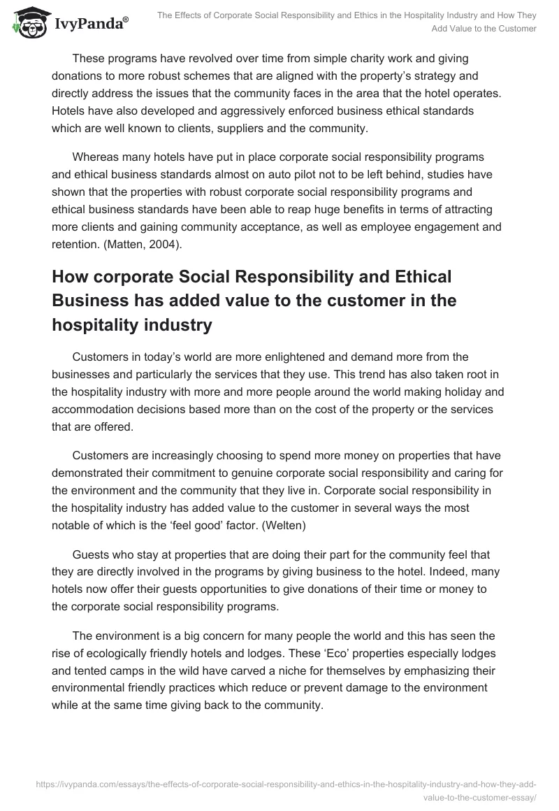 The Effects of Corporate Social Responsibility and Ethics in the Hospitality Industry and How They Add Value to the Customer. Page 2