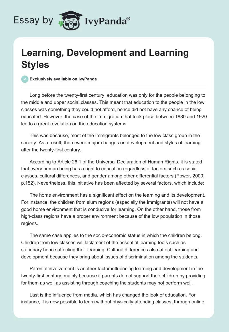 Learning, Development and Learning Styles. Page 1