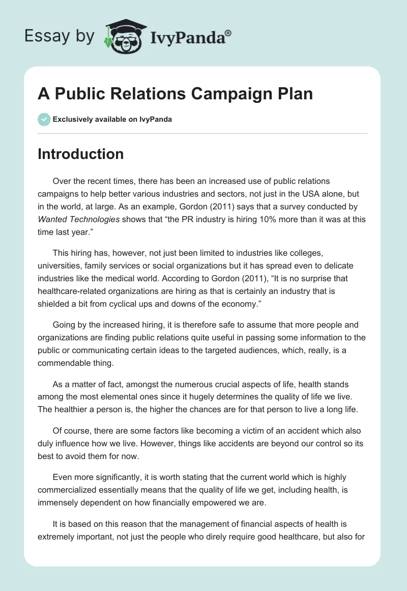 A Public Relations Campaign Plan. Page 1