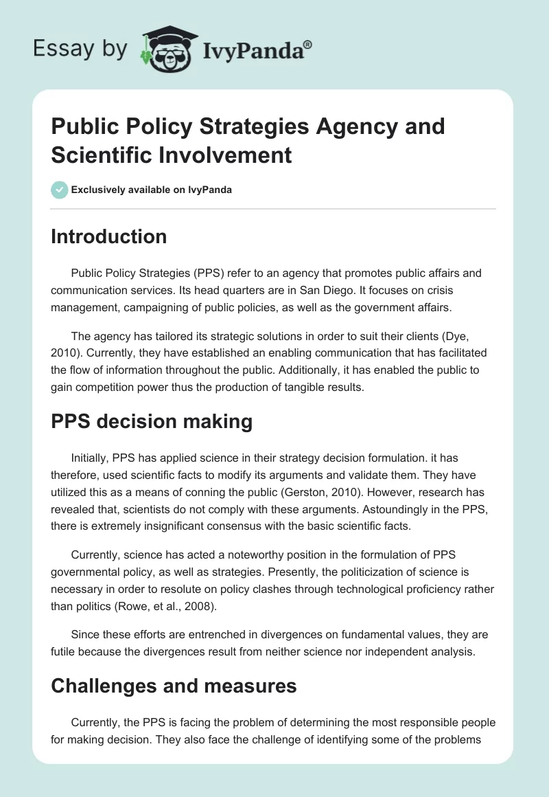 Public Policy Strategies Agency and Scientific Involvement. Page 1