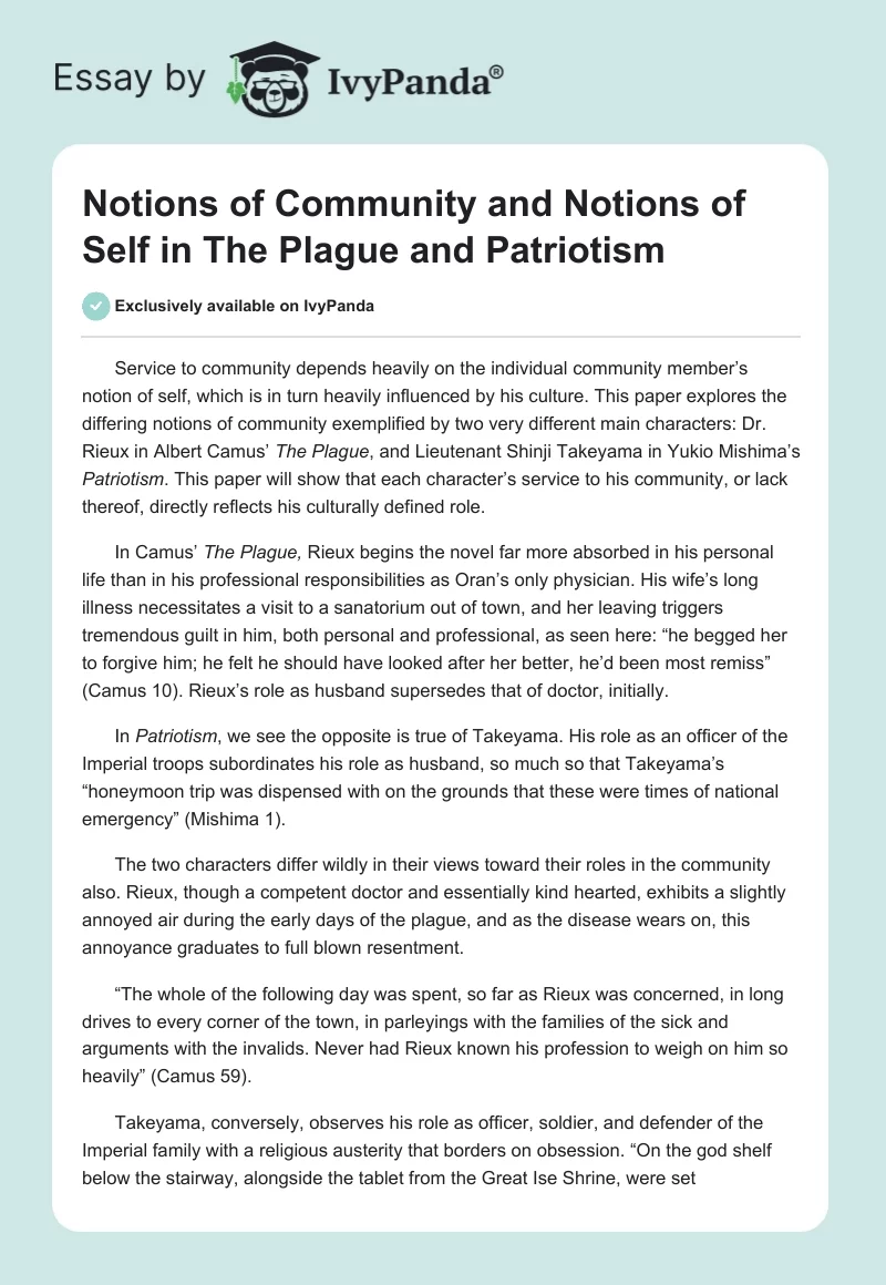 Notions of Community and Notions of Self in The Plague and Patriotism. Page 1
