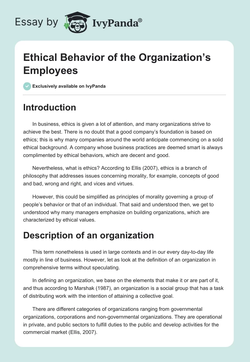 Ethical Behavior of the Organization’s Employees. Page 1