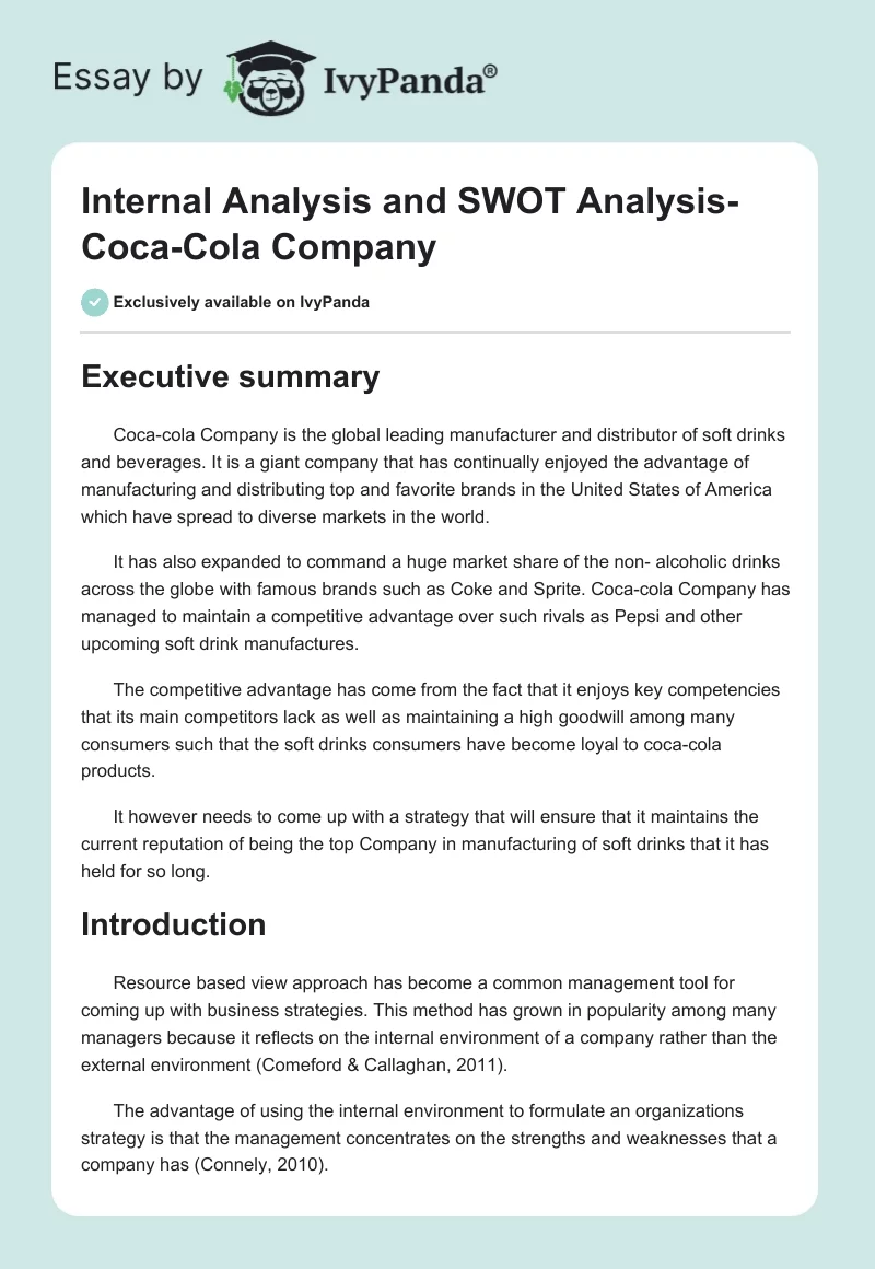 Internal Analysis and SWOT Analysis- Coca-Cola Company. Page 1