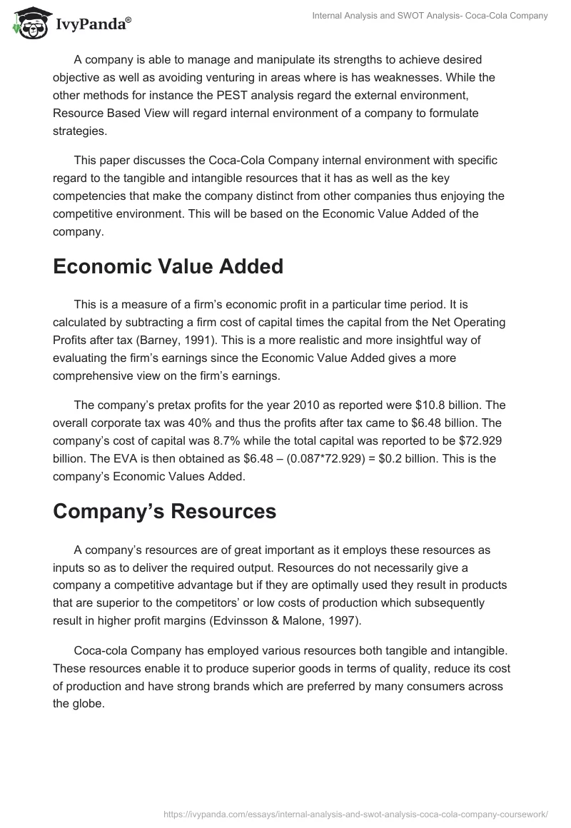 Internal Analysis and SWOT Analysis- Coca-Cola Company. Page 2