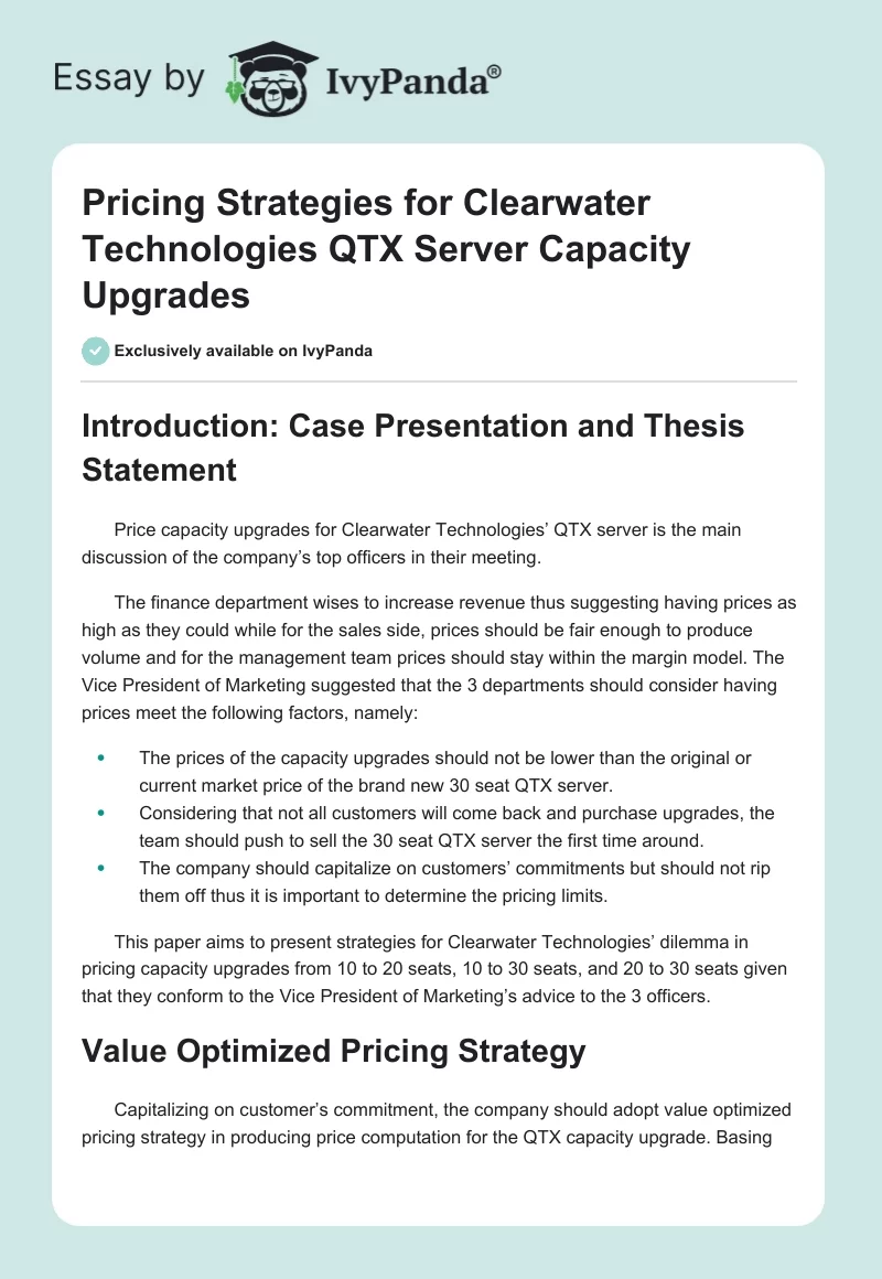 Pricing Strategies for Clearwater Technologies QTX Server Capacity Upgrades. Page 1
