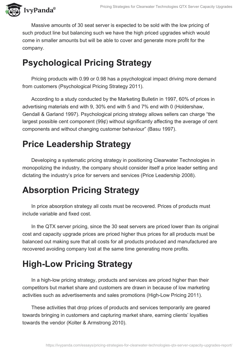 Pricing Strategies for Clearwater Technologies QTX Server Capacity Upgrades. Page 5