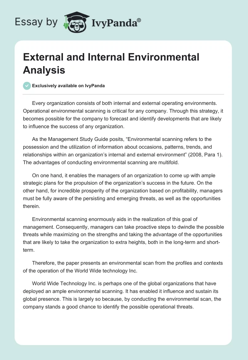 External and Internal Environmental Analysis. Page 1