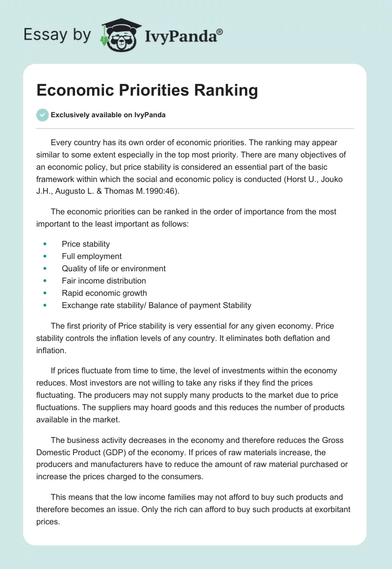 Economic Priorities Ranking. Page 1
