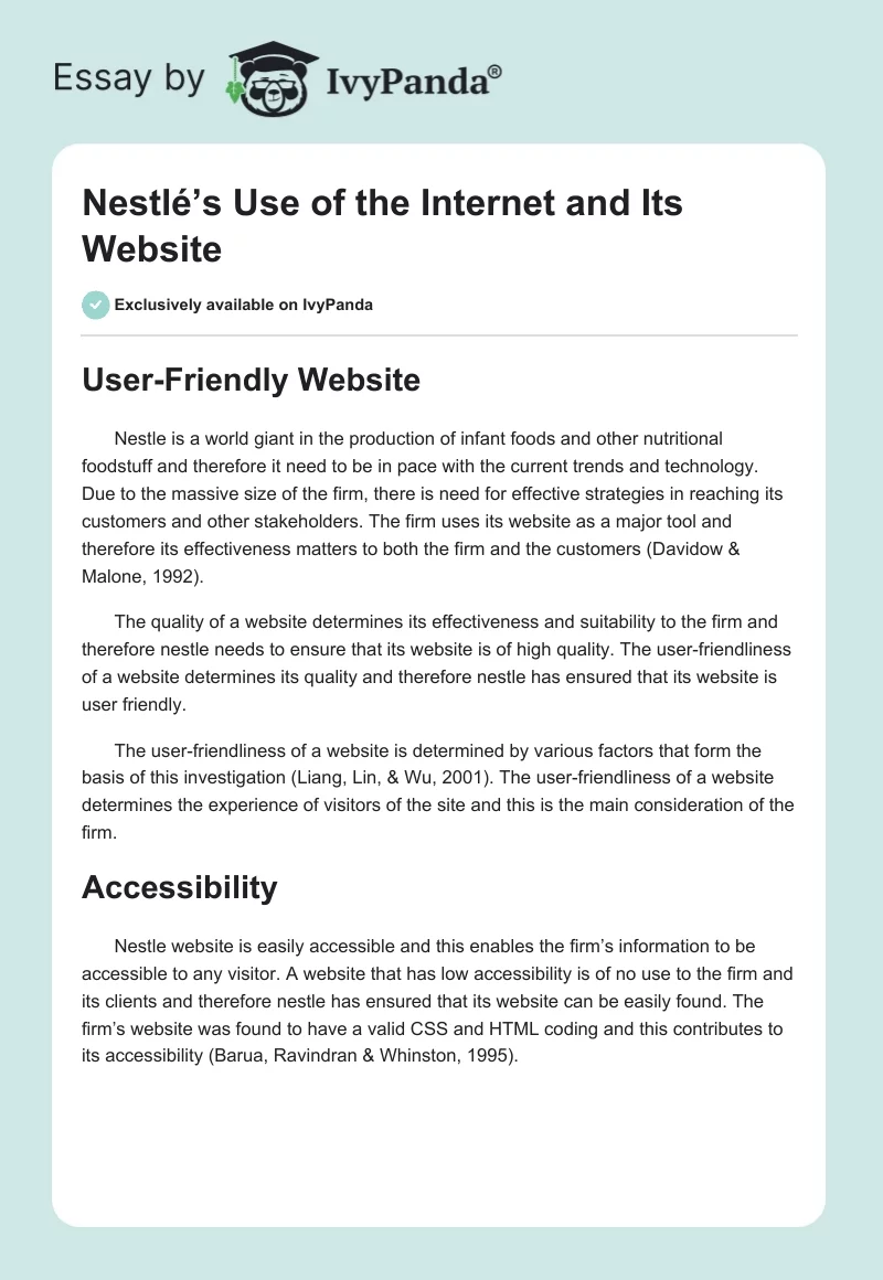 Nestlé’s Use of the Internet and Its Website. Page 1