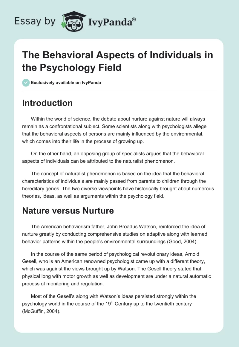 The Behavioral Aspects of Individuals in the Psychology Field. Page 1