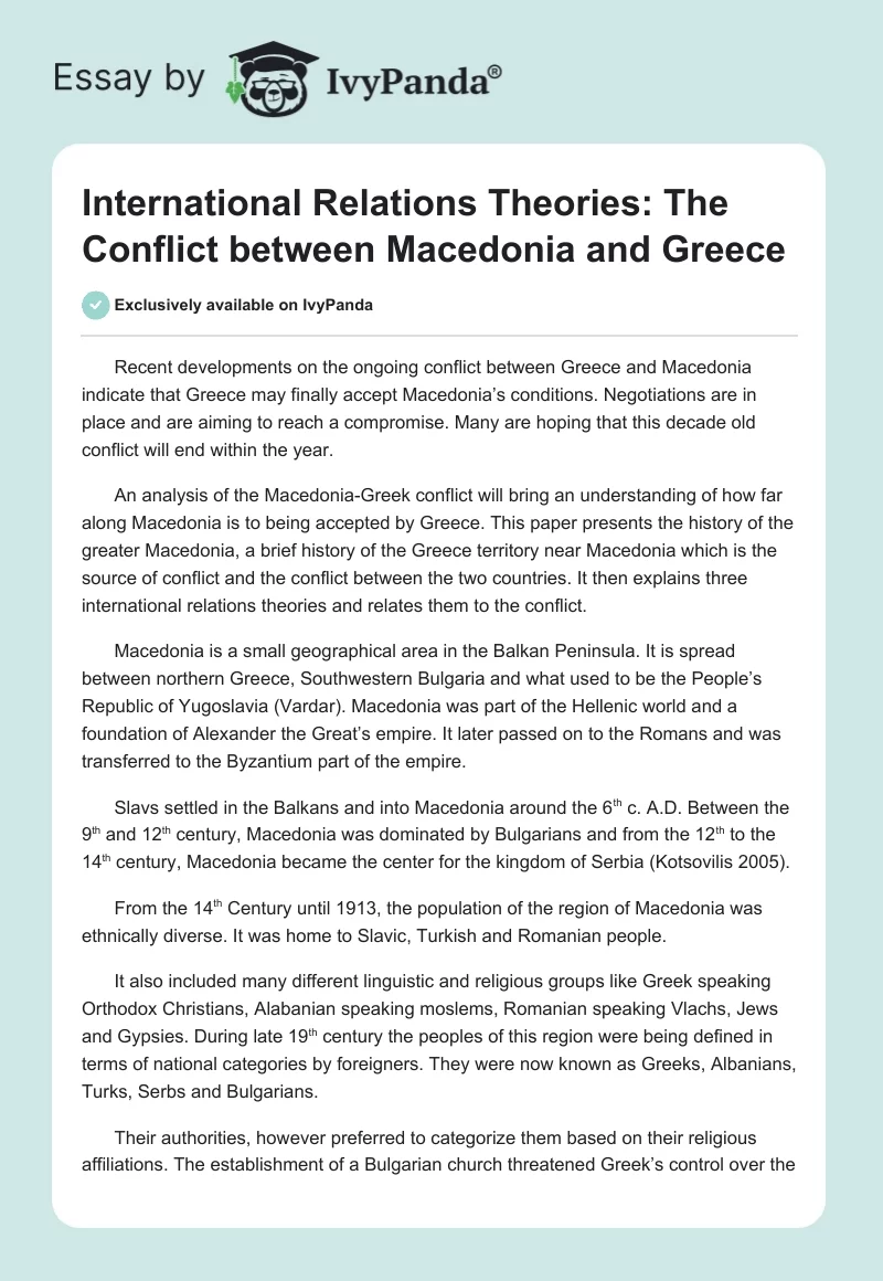 International Relations Theories: The Conflict between Macedonia and Greece. Page 1