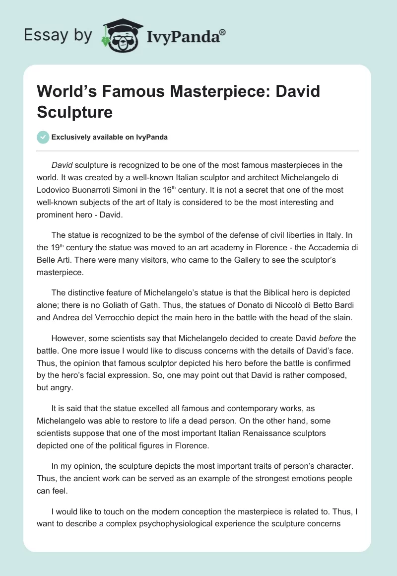 World’s Famous Masterpiece: David Sculpture. Page 1
