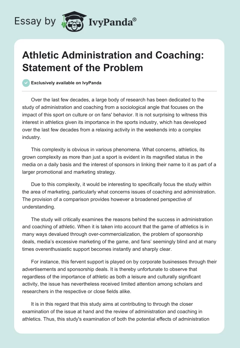 Athletic Administration and Coaching: Statement of the Problem. Page 1