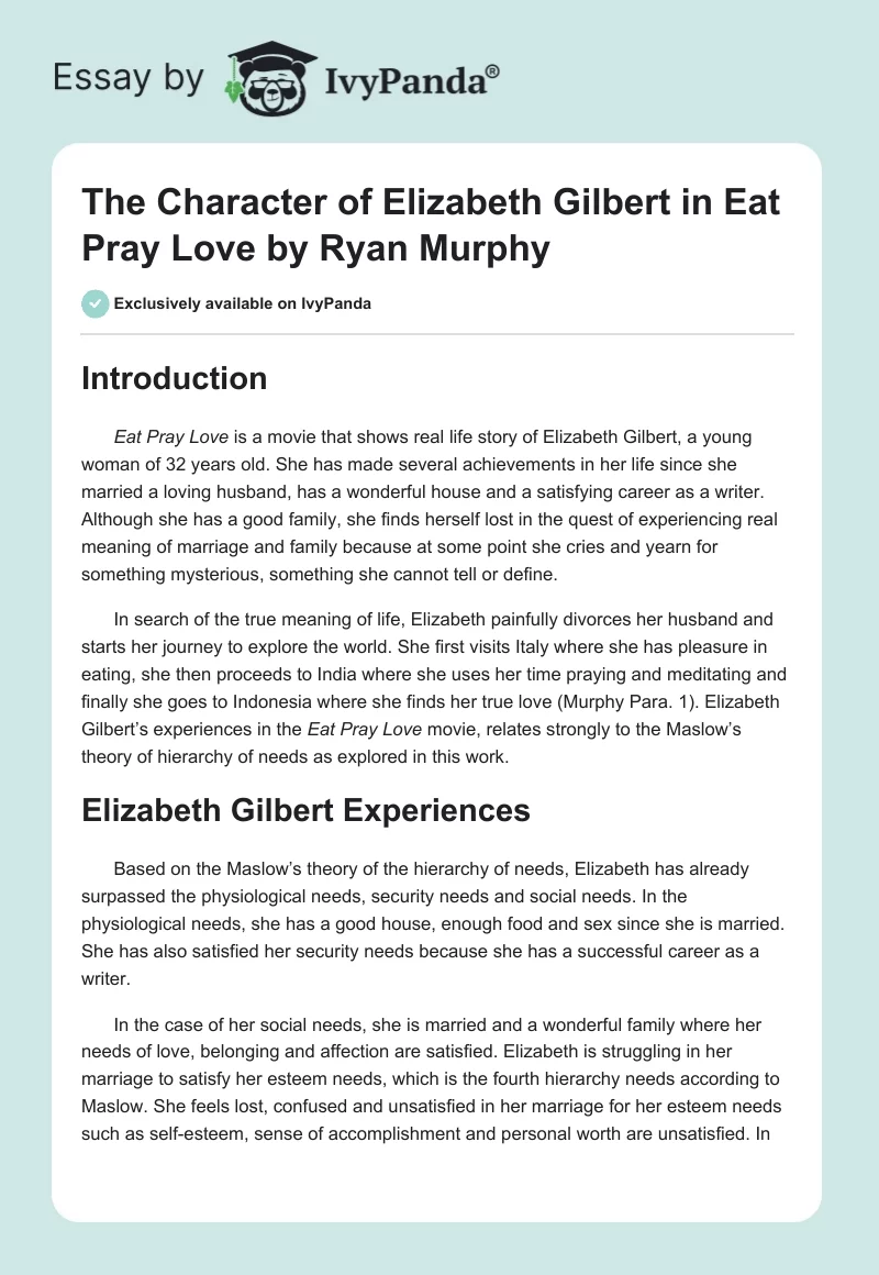 The Character of Elizabeth Gilbert in "Eat Pray Love" by Ryan Murphy. Page 1
