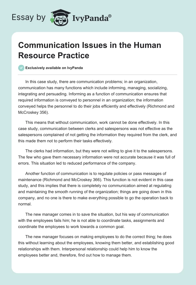 Communication Issues in the Human Resource Practice. Page 1