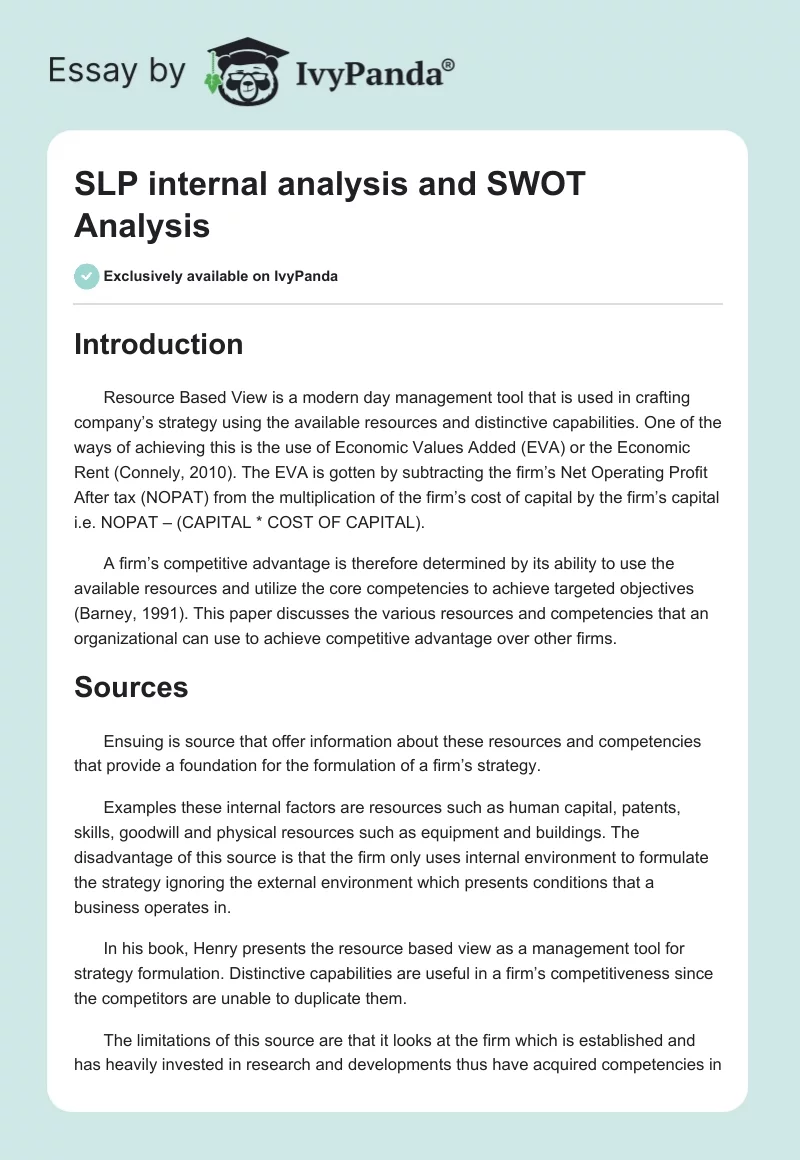 SLP internal analysis and SWOT Analysis. Page 1