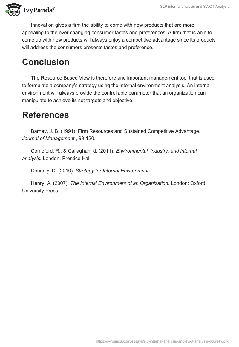 SLP internal analysis and SWOT Analysis. Page 3
