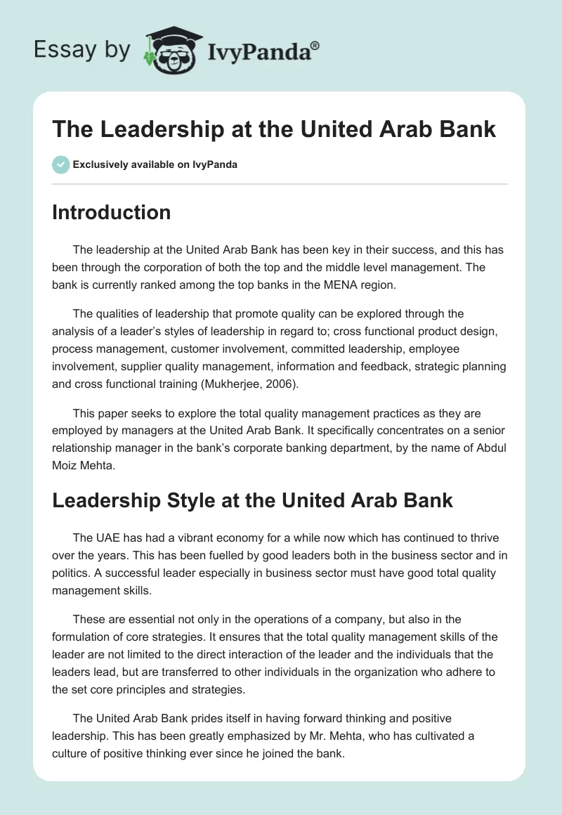 The Leadership at the United Arab Bank. Page 1