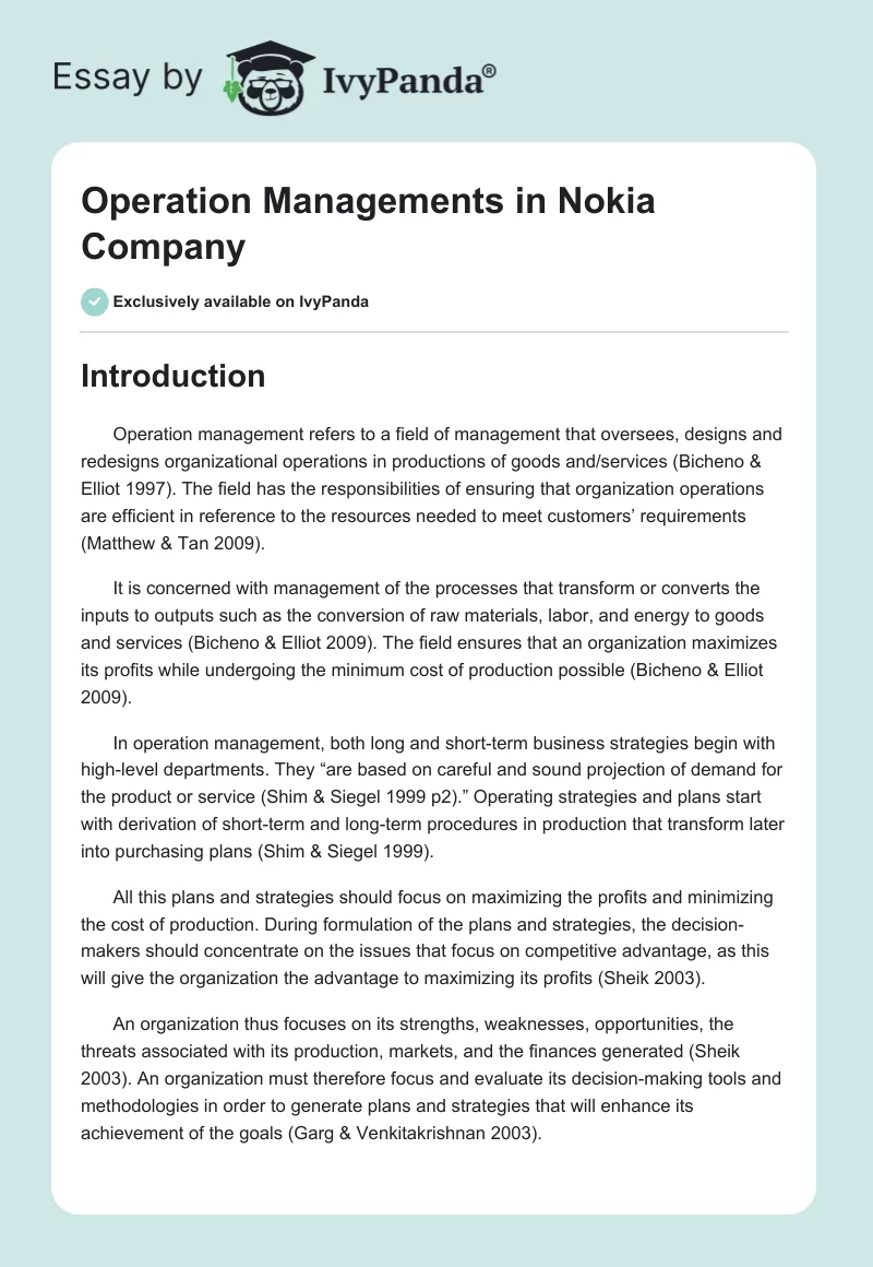 Operation Managements in Nokia Company. Page 1