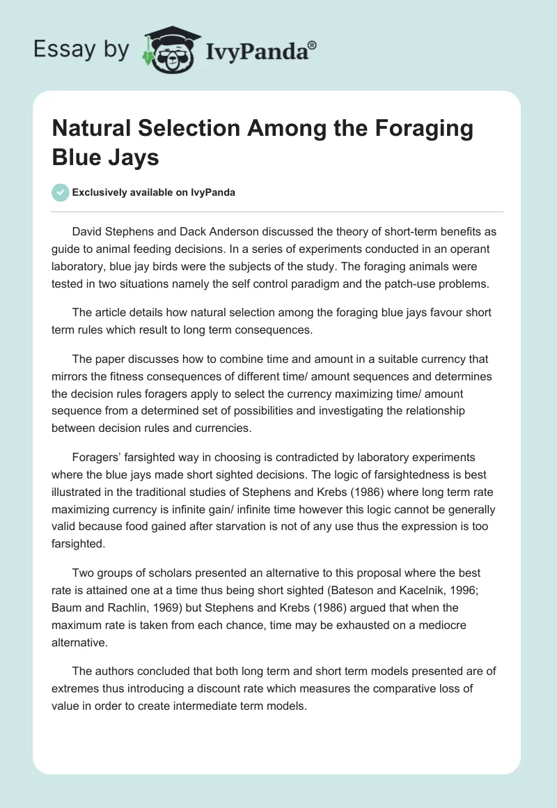 Natural Selection Among the Foraging Blue Jays. Page 1