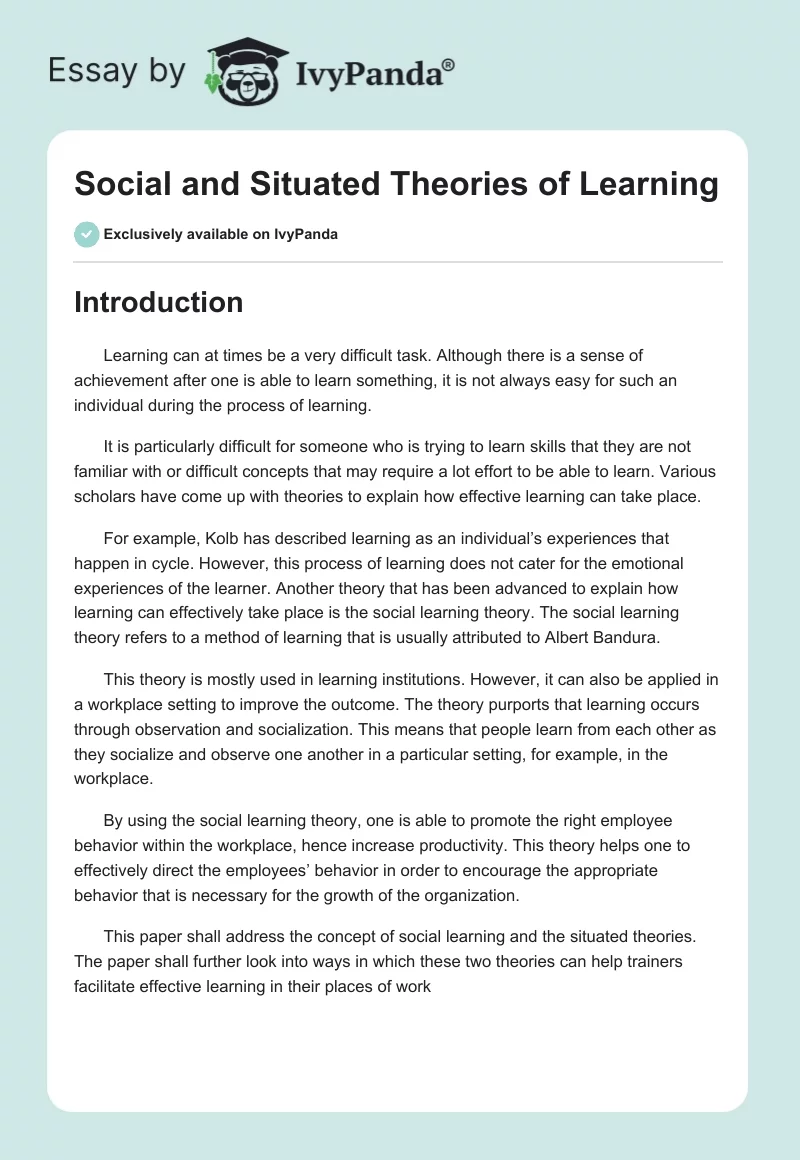 Social and Situated Theories of Learning. Page 1