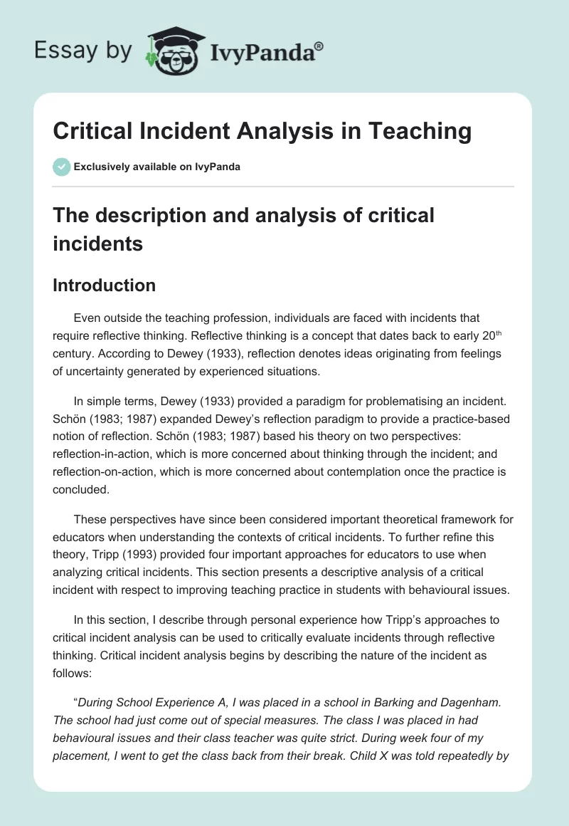 Critical Incident Analysis in Teaching. Page 1