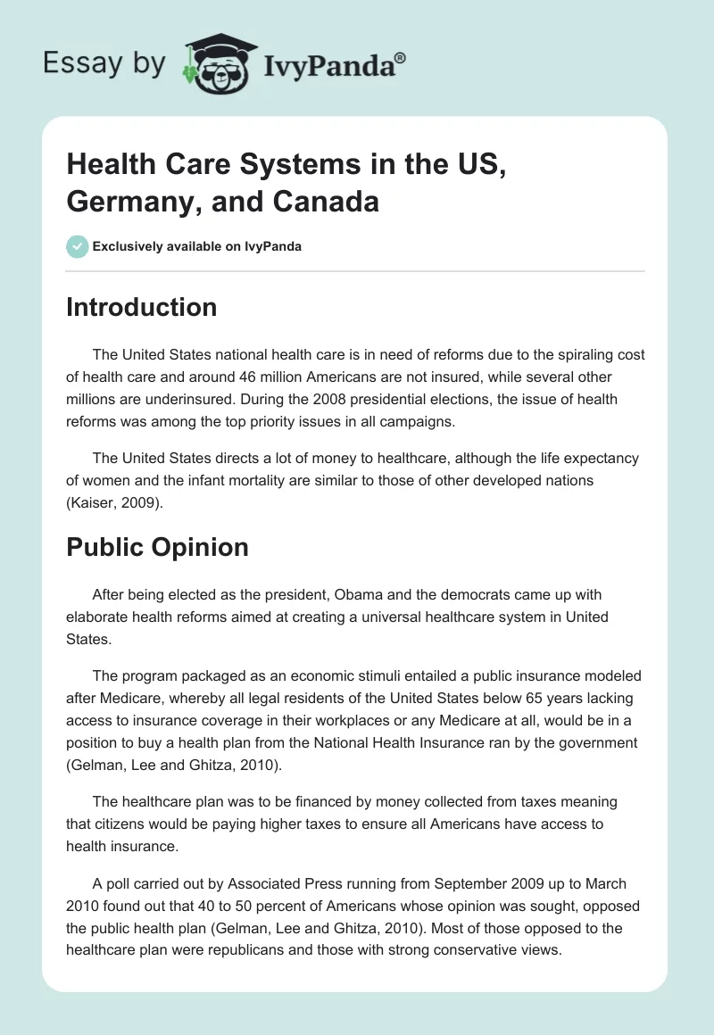 Health Care Systems in the US, Germany, and Canada. Page 1