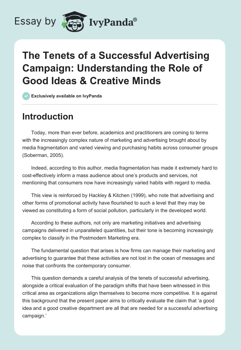 The Tenets of a Successful Advertising Campaign: Understanding the Role of Good Ideas & Creative Minds. Page 1