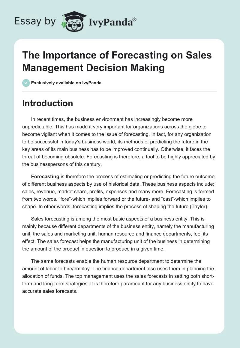 The Importance of Forecasting on Sales Management Decision Making. Page 1