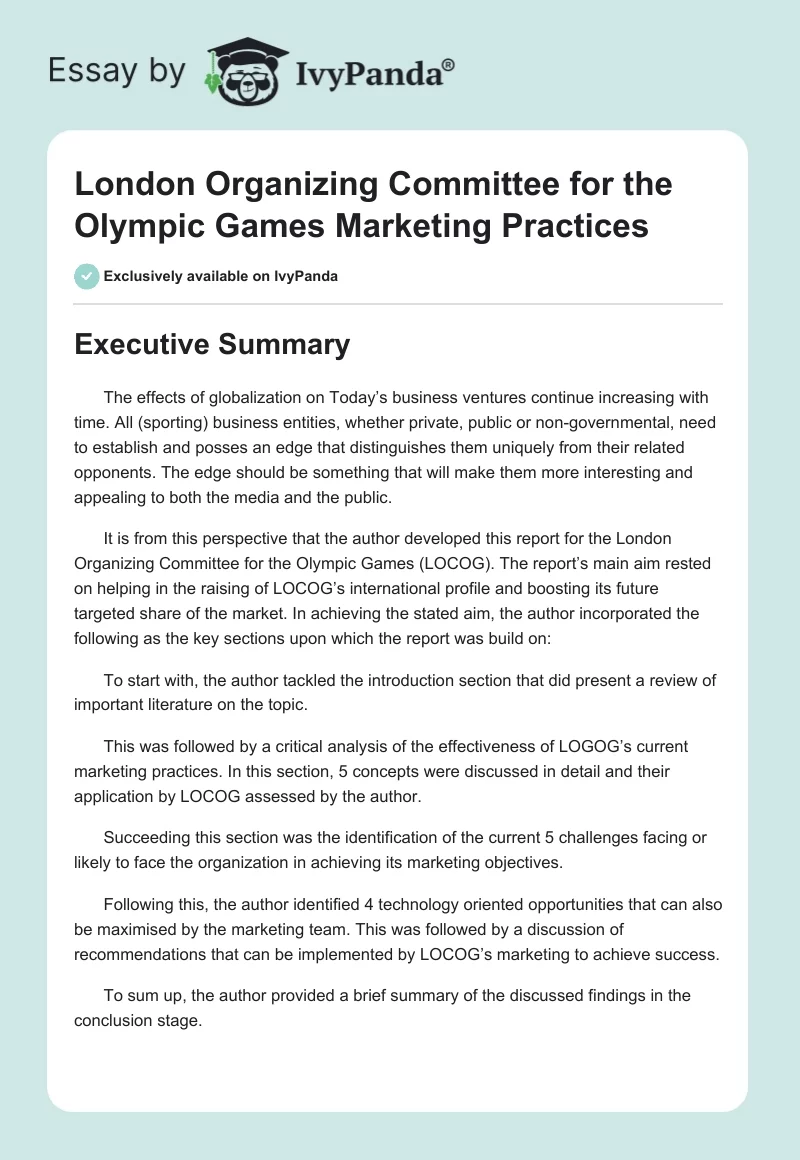 London Organizing Committee for the Olympic Games Marketing Practices. Page 1