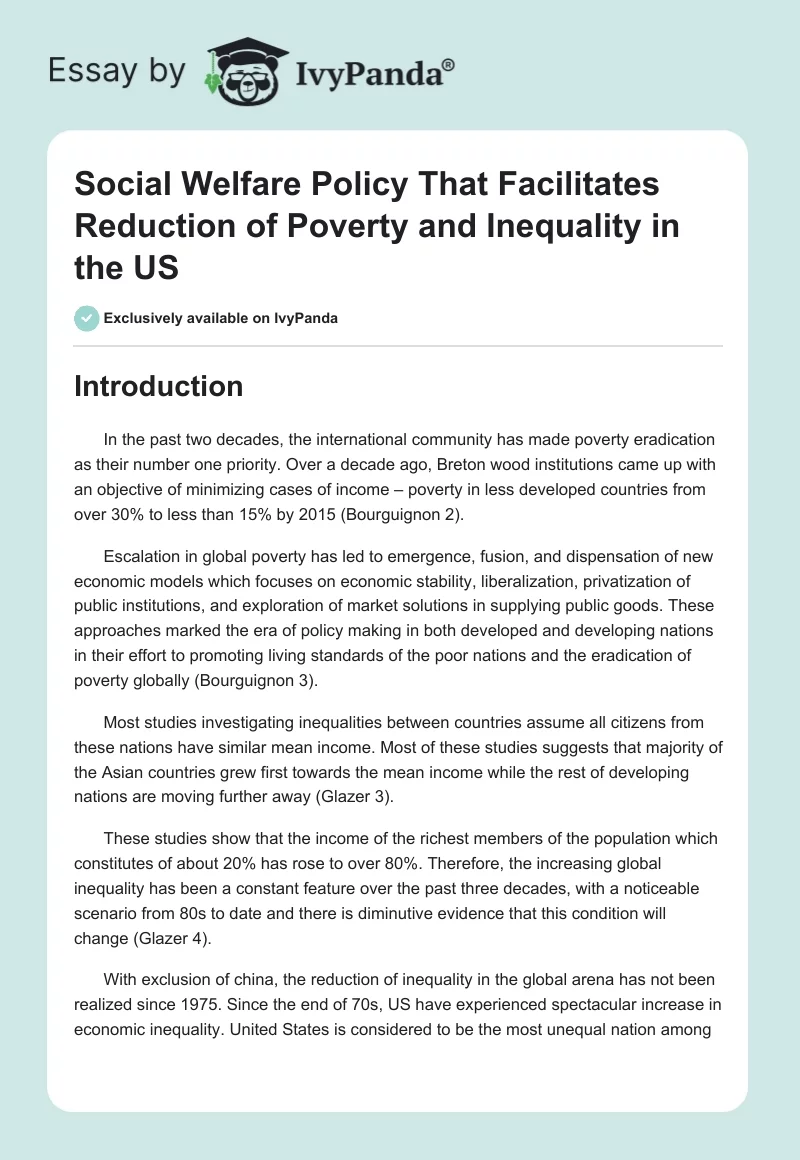 Social Welfare Policy That Facilitates Reduction of Poverty and Inequality in the US. Page 1