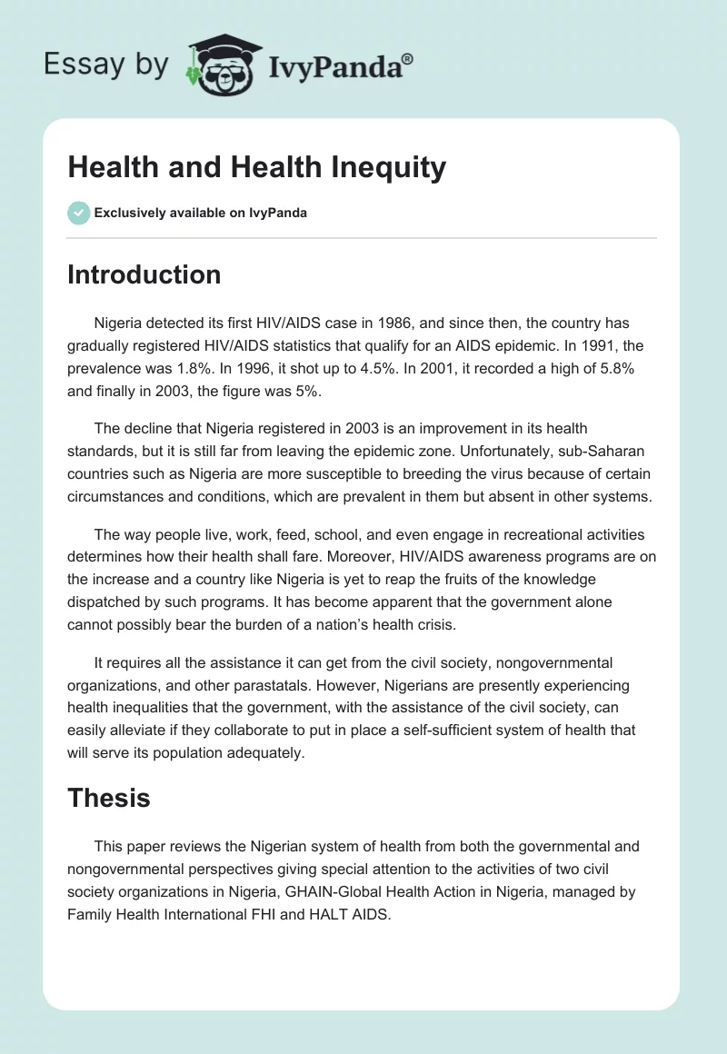 Health and Health Inequity. Page 1