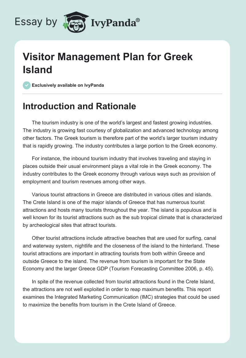 Visitor Management Plan for Greek Island. Page 1
