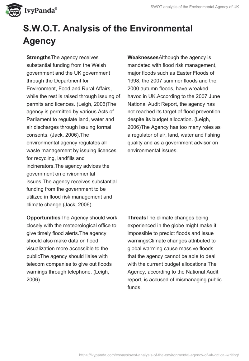 SWOT Analysis of the Environmental Agency of UK. Page 2
