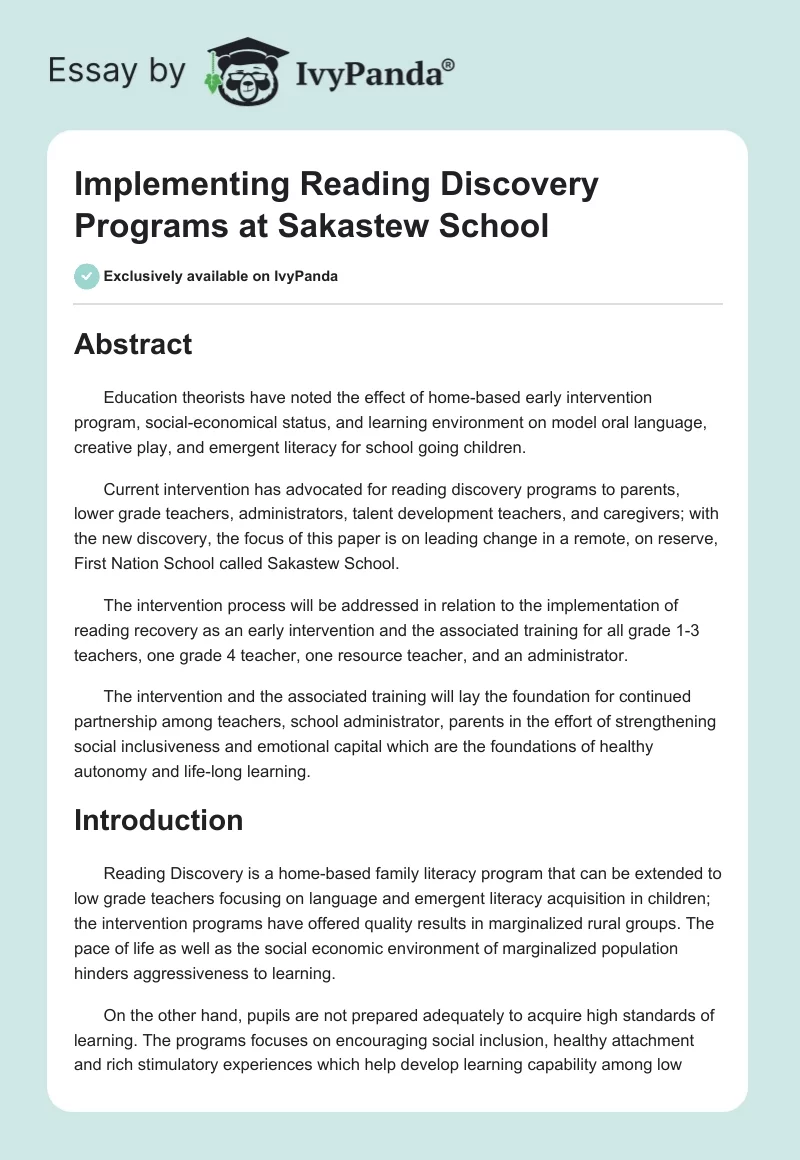 Implementing Reading Discovery Programs at Sakastew School. Page 1