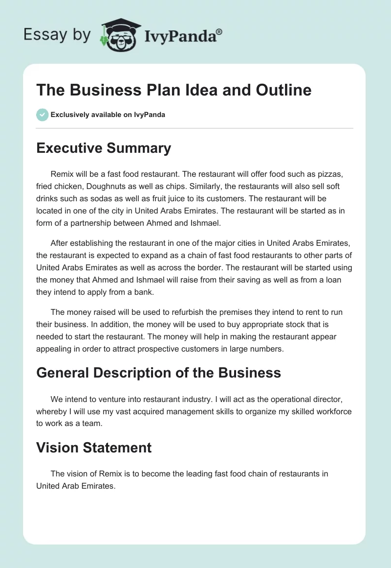The Business Plan Idea and Outline. Page 1