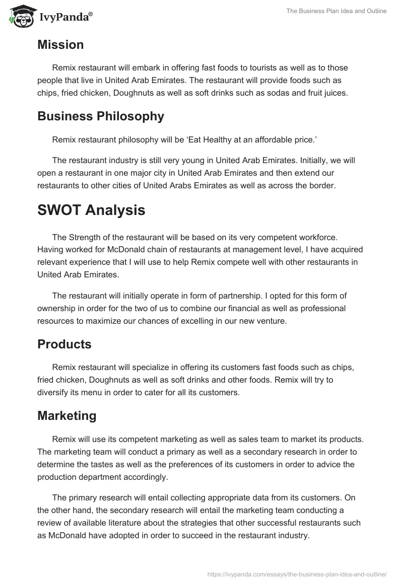 The Business Plan Idea and Outline. Page 2