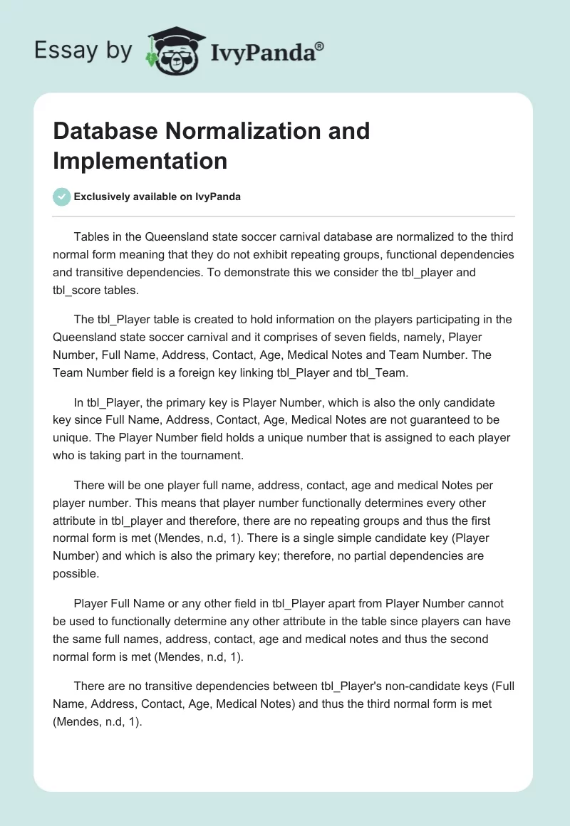 Database Normalization and Implementation. Page 1
