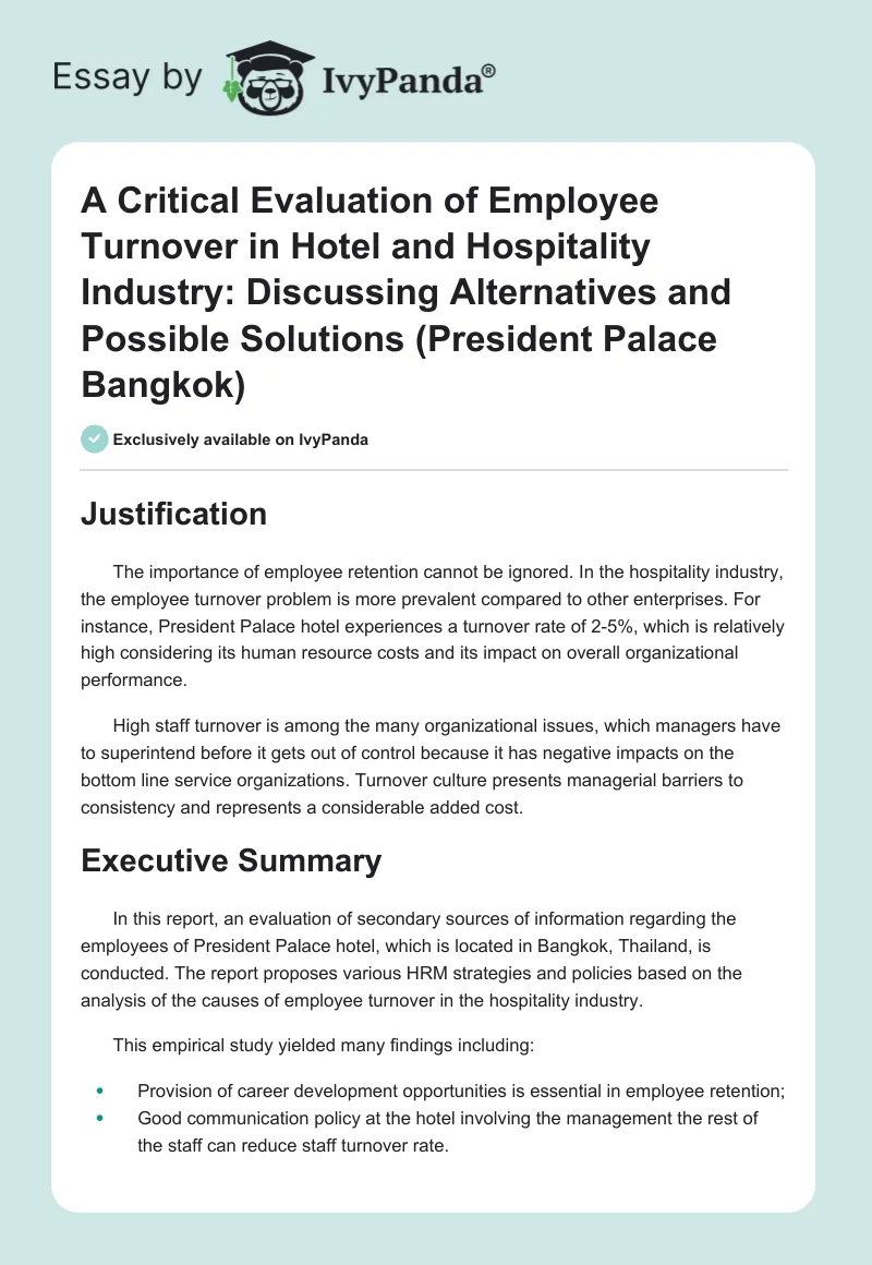 A Critical Evaluation of Employee Turnover in Hotel and Hospitality Industry: Discussing Alternatives and Possible Solutions (President Palace Bangkok). Page 1