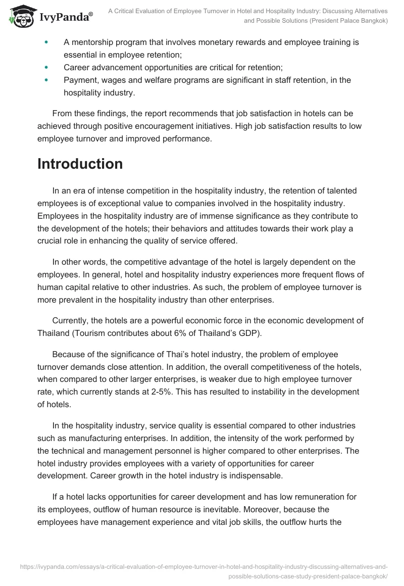 A Critical Evaluation of Employee Turnover in Hotel and Hospitality Industry: Discussing Alternatives and Possible Solutions (President Palace Bangkok). Page 2
