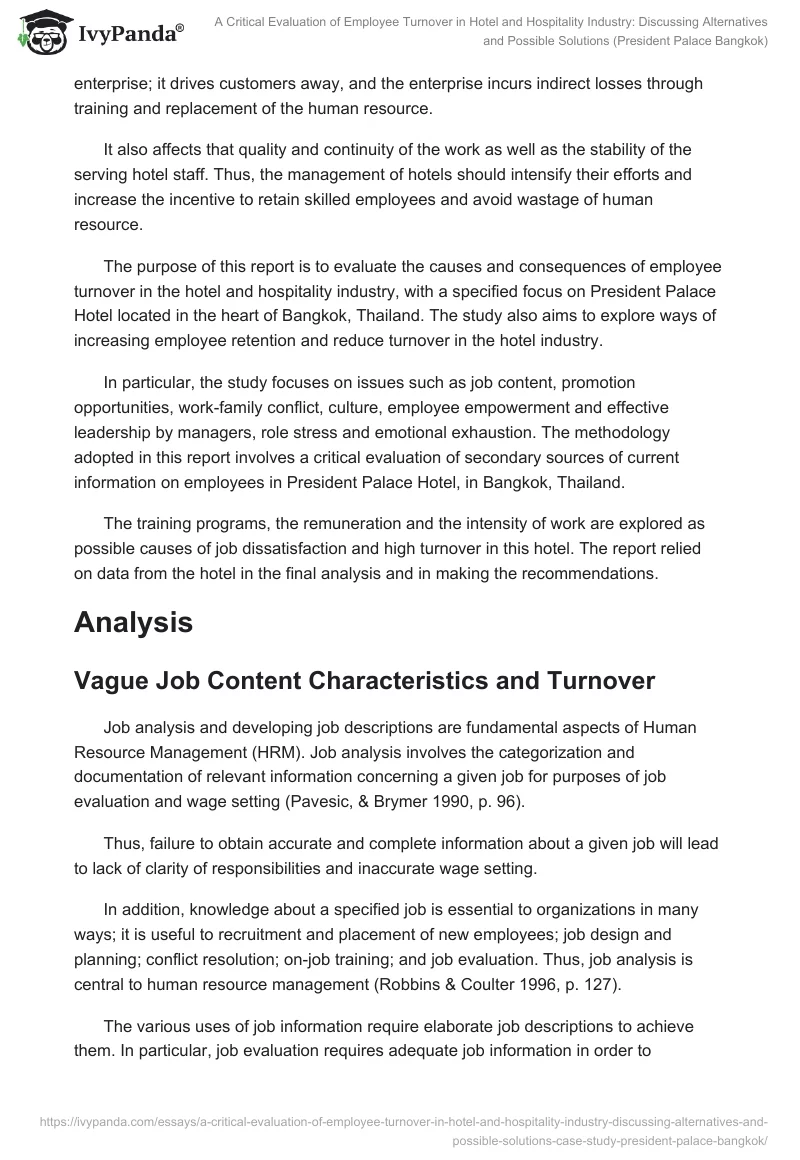 A Critical Evaluation of Employee Turnover in Hotel and Hospitality Industry: Discussing Alternatives and Possible Solutions (President Palace Bangkok). Page 3